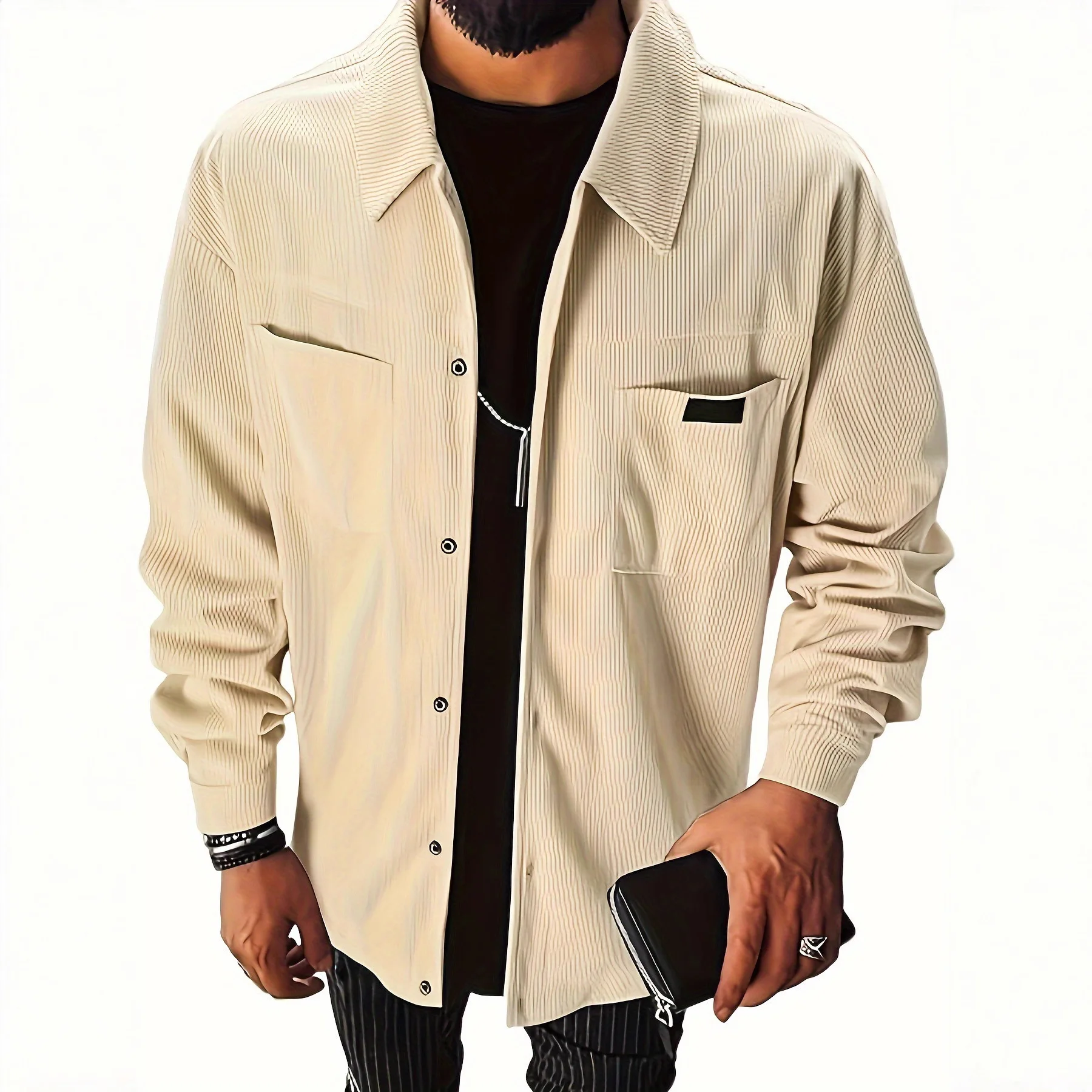 

Autumn Winter Men's Corduroy Loose Striped Long Sleeve Jacket Shirt Vintage Business Button Pocket Coat Outerwear