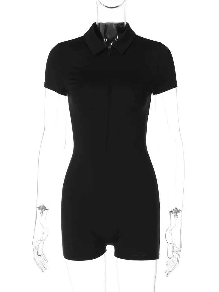 Women's 2024 Spring New Solid Color Lapel Zip Short Sleeve Yoga Sports Running Tight Jumpsuit Women Playsuit High Strecth Traf