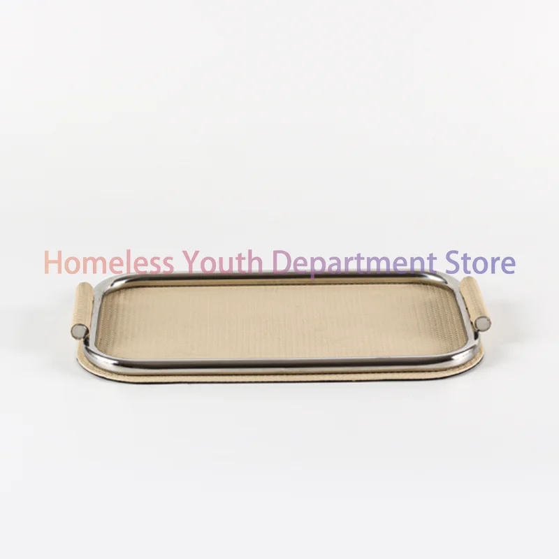 

Luxury Beige Leather Metal Service Tray Home and Office Decor Elegant Living Room Decor Items