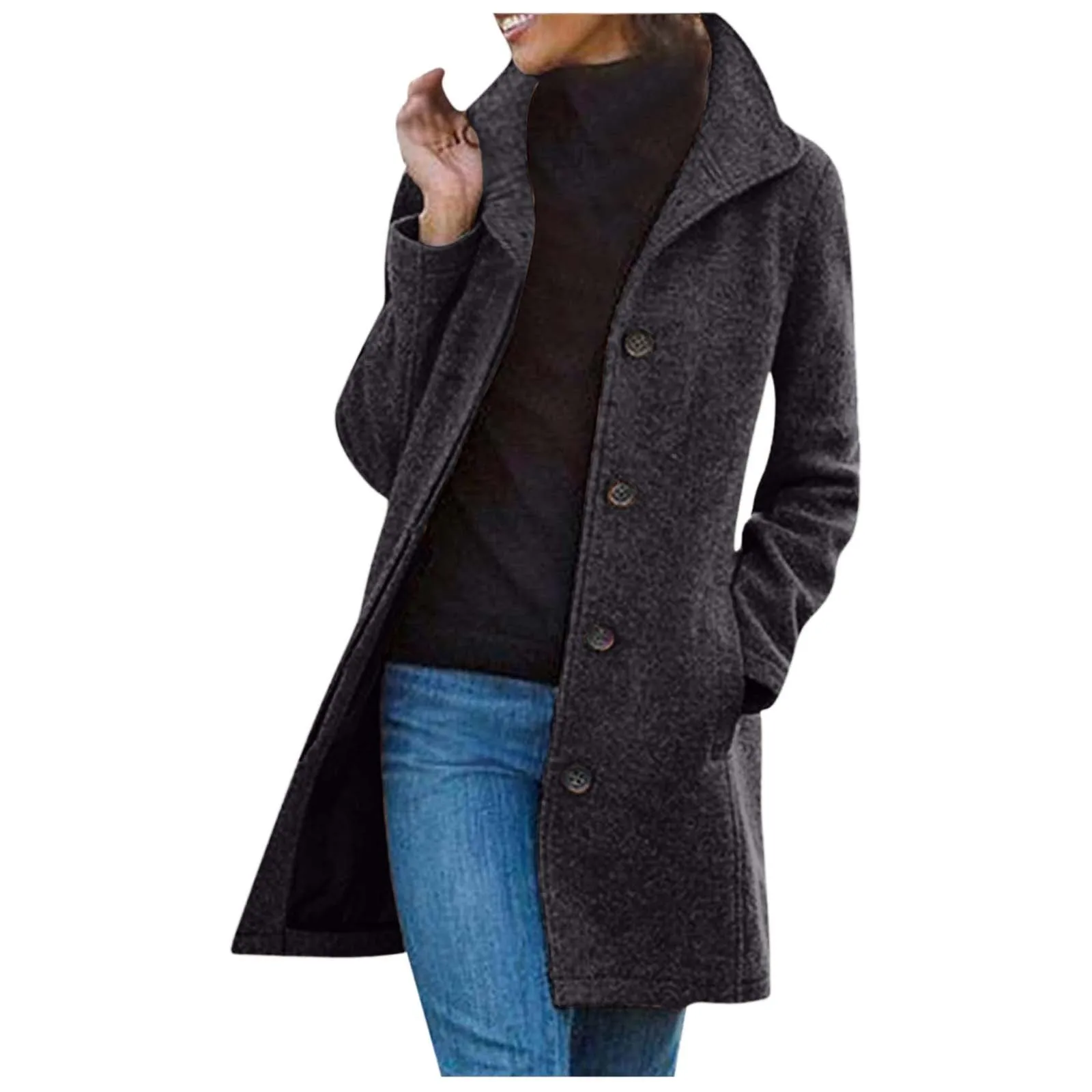 

Fashion Women Solid Color Parkas Autumn Winter Woolen Coat Warm Thicken Mid Length Jacket Casual Loose Outercoat With Pockets