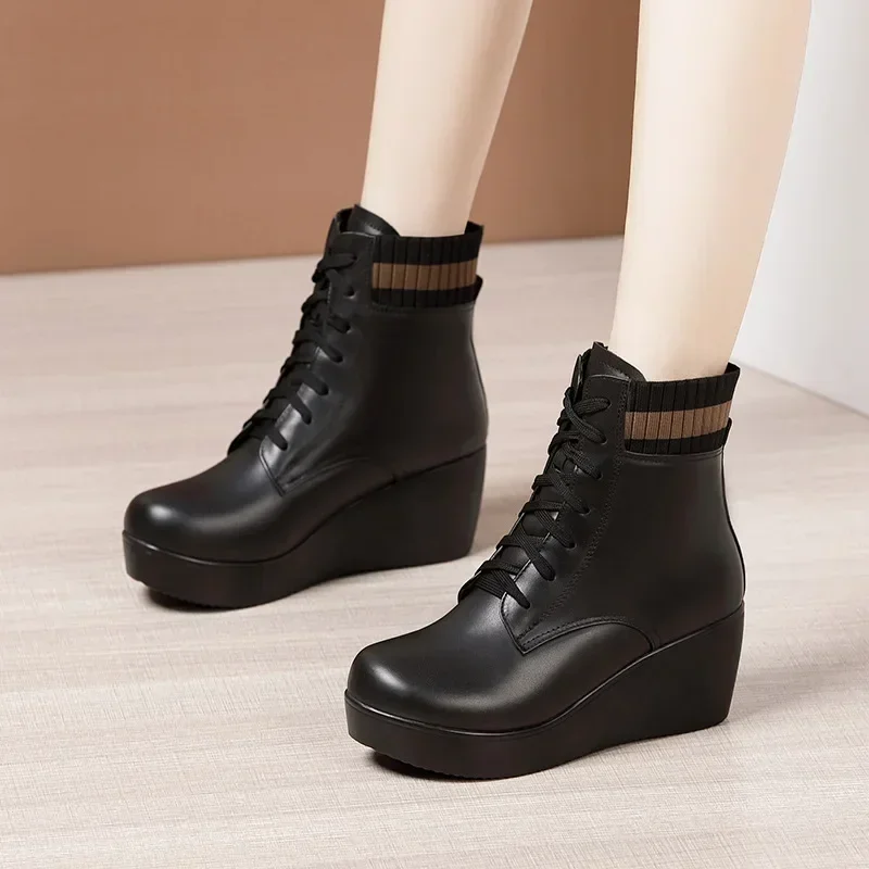 6cm Small Size 32-43 Thick Bottom Soft Leather Platform Wedges Shoes Ankle boots 2024 Winter Flexible Med Heels Boots Office Mom