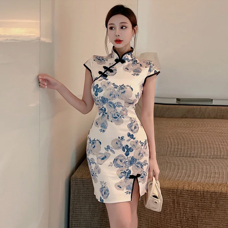 

French lady elegant slim qipao women Chinese style flower print cheongsams fashion sexy mini bodycon party dress vestidos