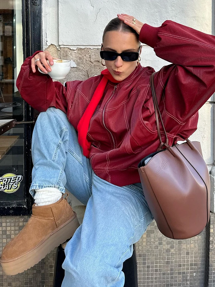 Vintage PU Leather Loose Jacket Women Winter Wine Red Zipper Long Sleeve Lapel Baseball Bomber Coats Fashion Female Outerwears