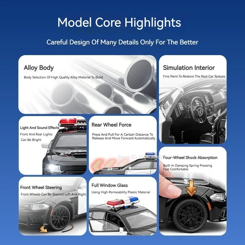 1:32 Scale Charger X-Trail Police Car Toy Model Alloy Diecast Sound Light Doors Opened Pull Back Shock Absorption for Boys Gifts