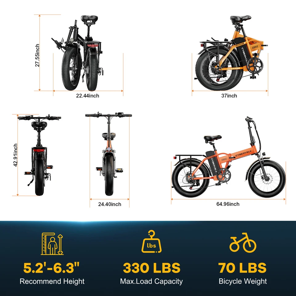 Cybervelo 20” Fat Tire Removable Battery E-Bike 1000W Peak 48V20.8ah 7-Speed Shift Electric Bike 28+MPH 80Miles Long Range EK4 image 18