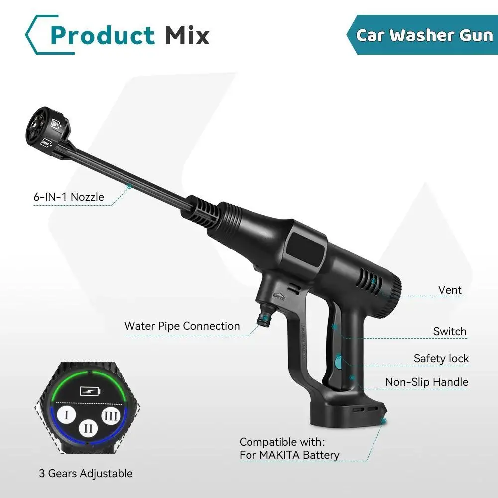 Imagem -02 - Pistola de Lavagem de Carro sem Fio o Pistola Elétrica sem Escova em Ferramenta de Rega de Jardim Spray de Água Makita 18v 200bar de Alta Pressã