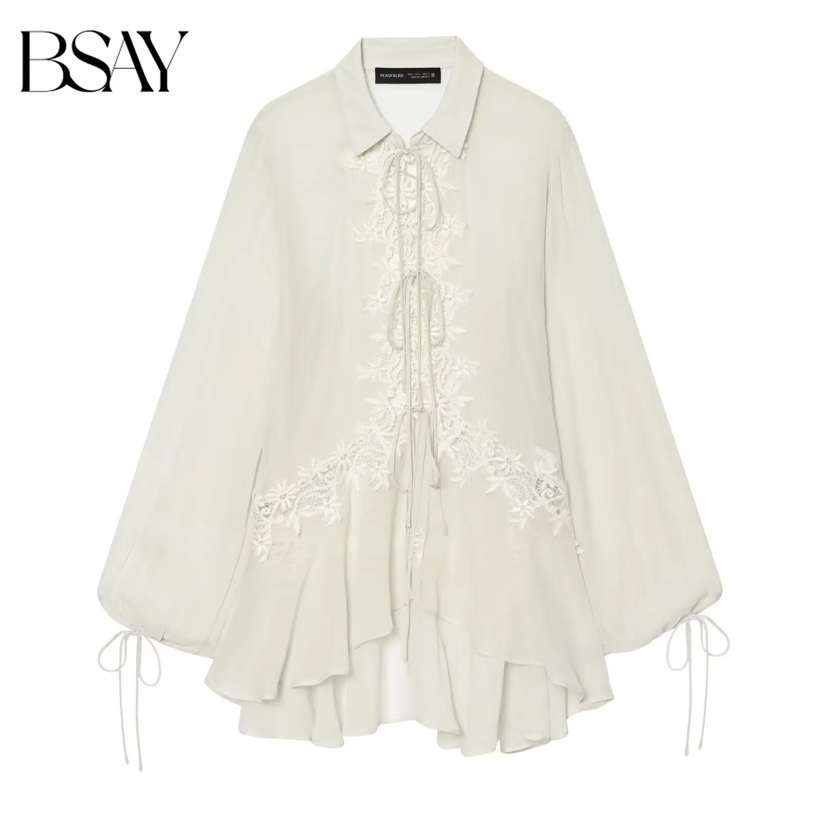 BSAY French Boho Style Women Blouse Lapel Collar Lace Embroidery Front Tie Up Lantern Long Sleeve Irregular Ruffle Hem Shirt Top