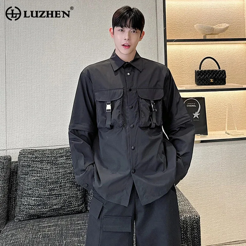 

LUZHEN Multifunctional Wear Detachable Sleeve Shirt Original Solid Color Design Trendy Elegant Blouses 2024 Men's Tops LZ4747