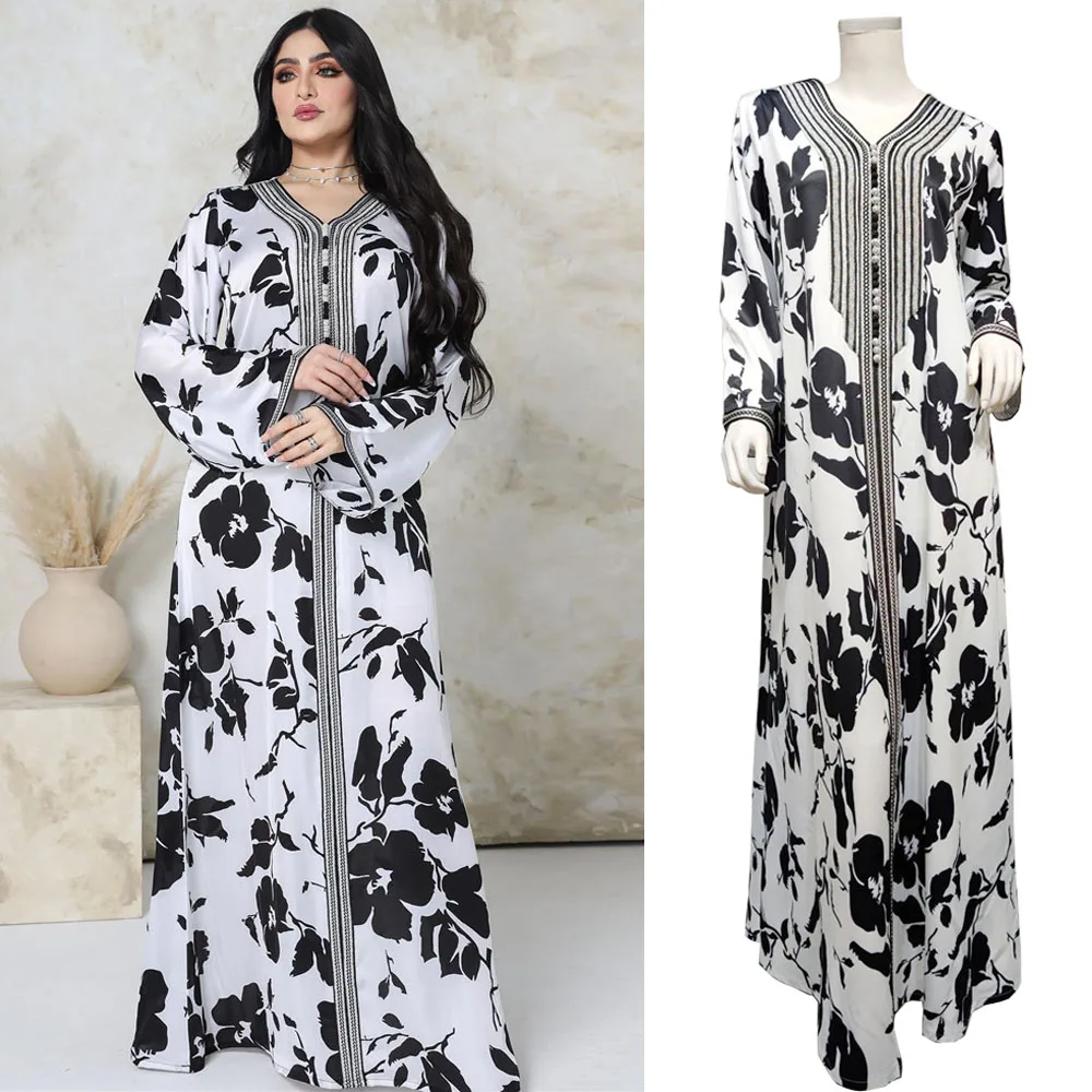 

2024 Abaya Muslim Jalabiya Hijab Dress For Women Middle East Turkey Arab Dubai Moroccan Kaftan Ribbon V Neck Long Sleeve Dress