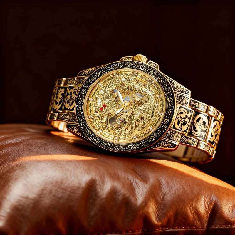 A men's yellow retro style high-end carved yellow dragon fully automatic mechanical watch - Image 3