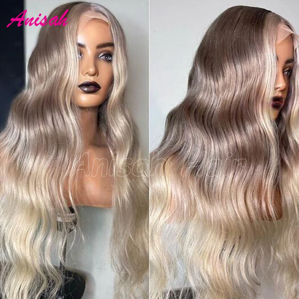 Ombre Blonde Colored Frontal Wigs Human Hair for Women Transparent Lace Front Human Hair Wig with Dark Root Pre Plucked