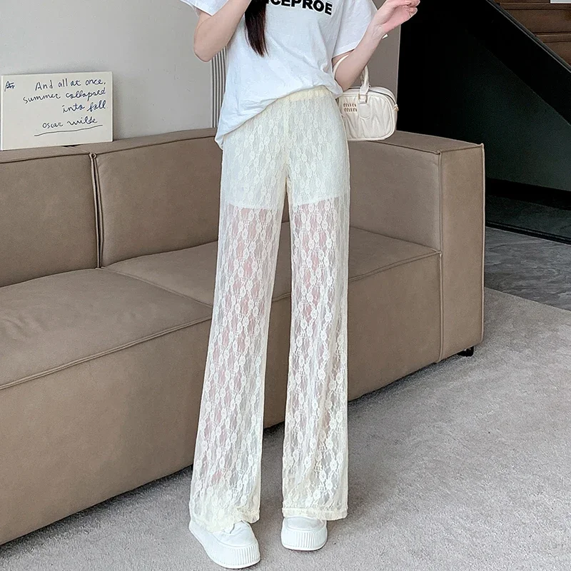 Ladies Fashion Sexy Lace See Through Wide Leg Pants Women Clothes Girl High Waist Trousers Female Woman Streetwear Clothes