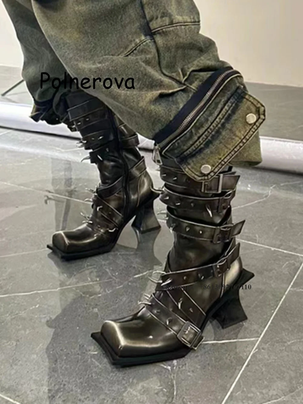 

Square Toe Boots Global Rivet Buckle Side Zipper Strange Style Female Shoes Spring Party Cool Girls Fashion Punk Calf Boots