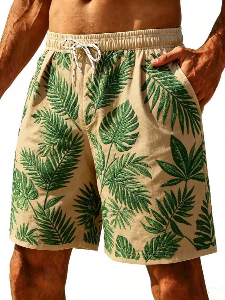 

Plus Size Mens Tropical Palm Leaf Print Drawstring Beach Shorts Elastic Waist Pockets Casual Swim Trunks