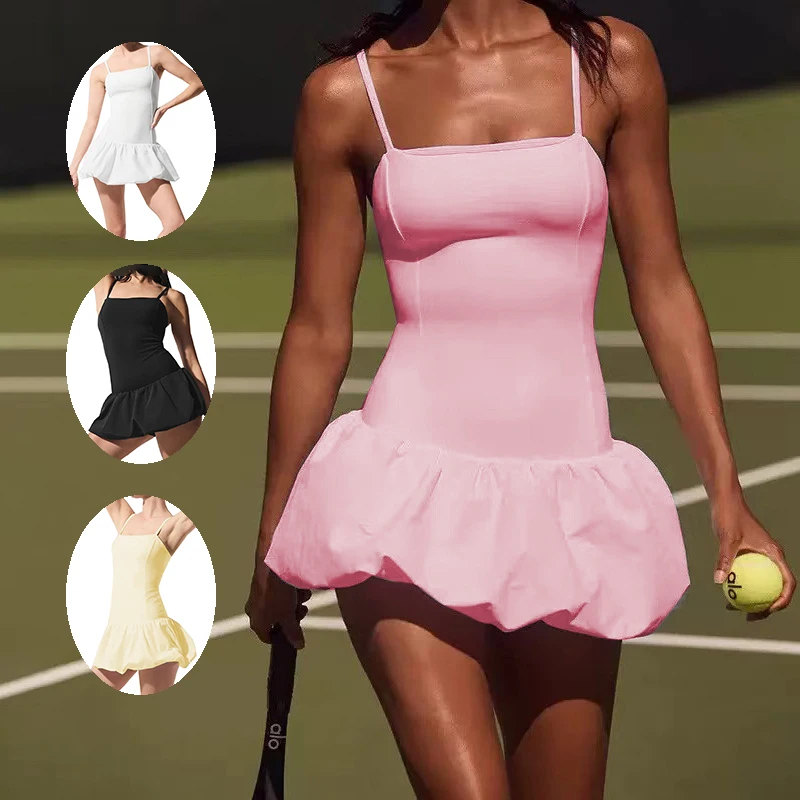 

Women Yoga Jumpsuit Sexy Tennis Dance Ballet Sports Dress Sleeveless Backless Ladies Tennis Dress Tutu Skirts with Short & Bra