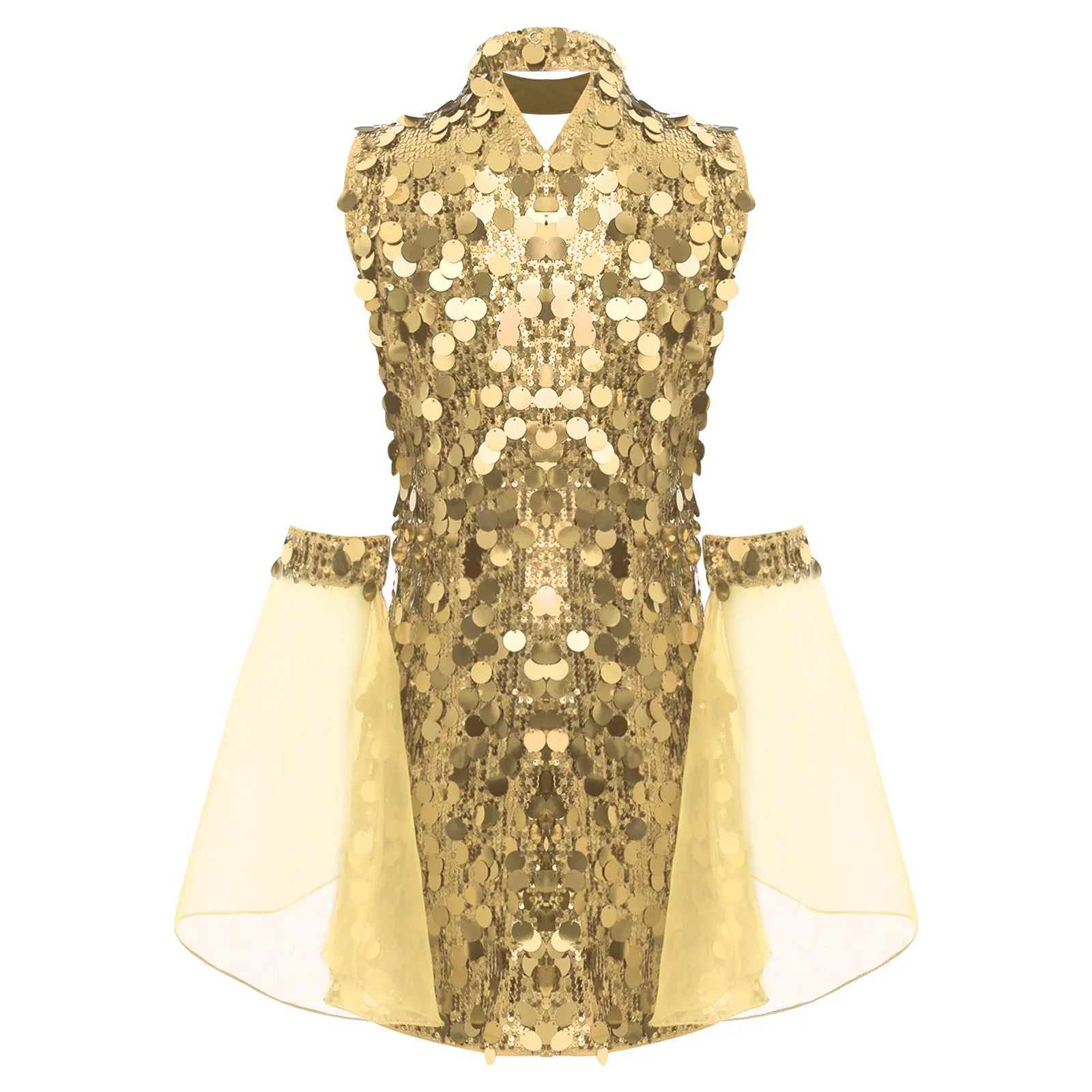 إمرأة 70s ديسكو ملابس رقص هالوين الترتر الهبي زي بلا أكمام الجوف خارج فستان قصير مع شبكة قابلة للإزالة مضيئة كم #4
