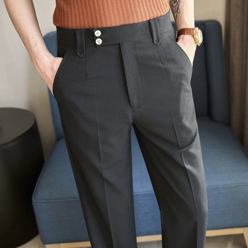 

Spring Summer Men's Straight Suit Pants Seersucker Loose Long Toursers Quality Daily Work Casual Bottoms Wear for Man