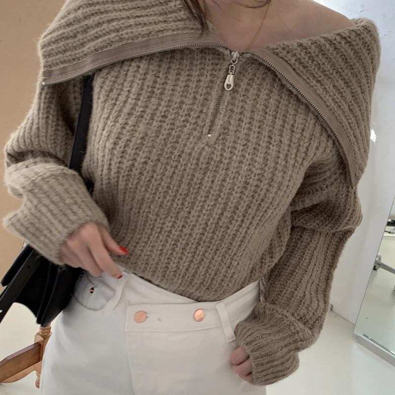 HELIAR Women Warm Sweater Turn-down Collar Zipper Sweater Long Sleeve Knit Loose Causal Jumper Office For Women 2024 Fall Winter