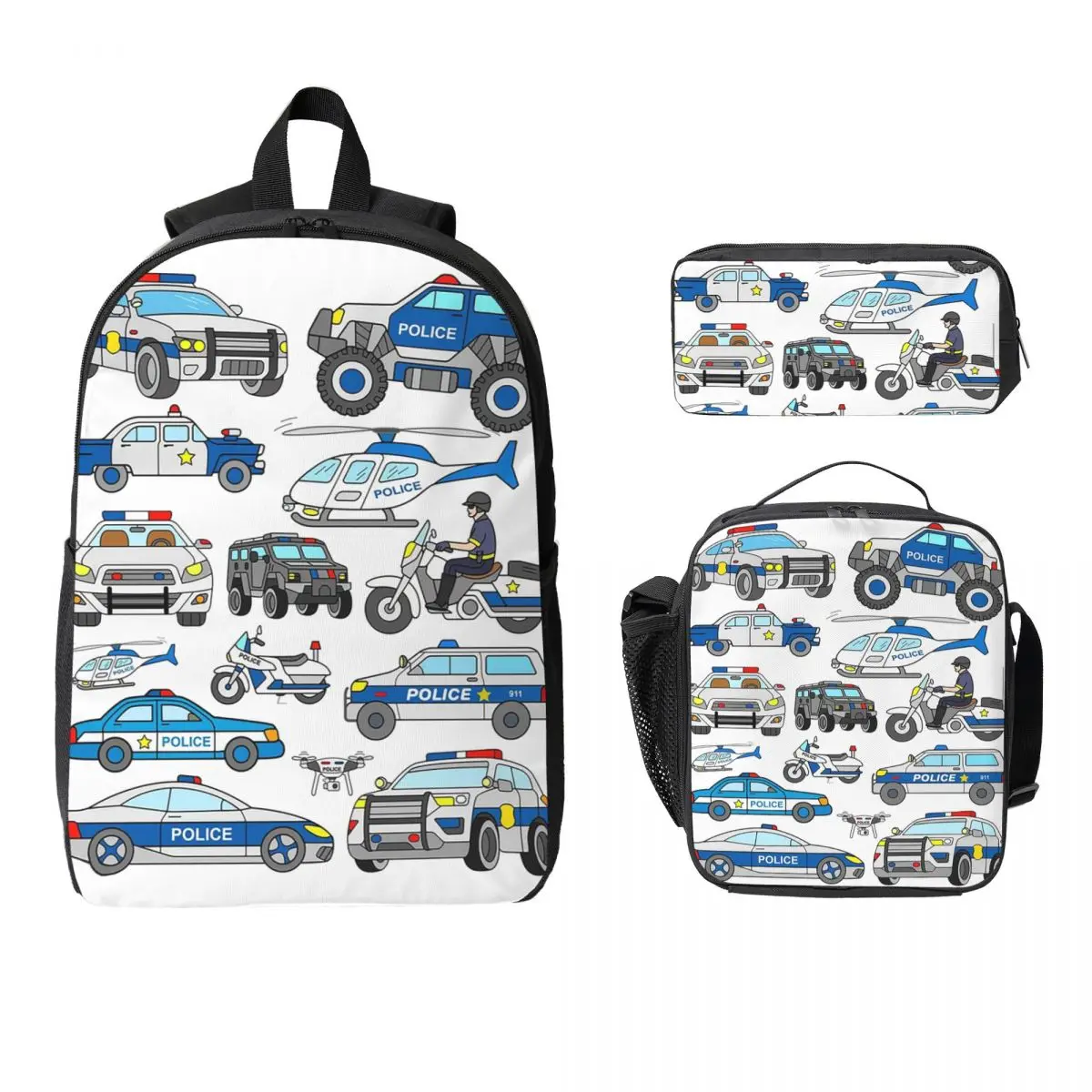 Police Car Design Backpack Student Boys Girls BookBag School Bag Computer Shoulder Bags 3ps Insulated Lunch Bag Pencil Case