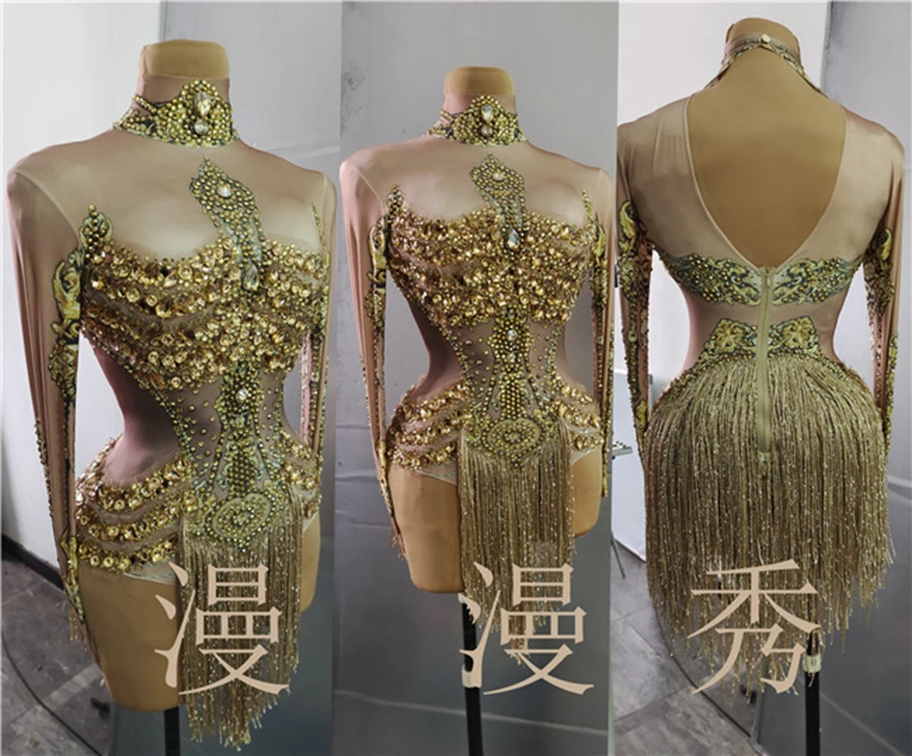 

Golden Rhinestone High Neck Slim Waist Bodysuit Female Singer Dance Performance Costume Tassel Latin Jazz Stage Wear Sexy Women