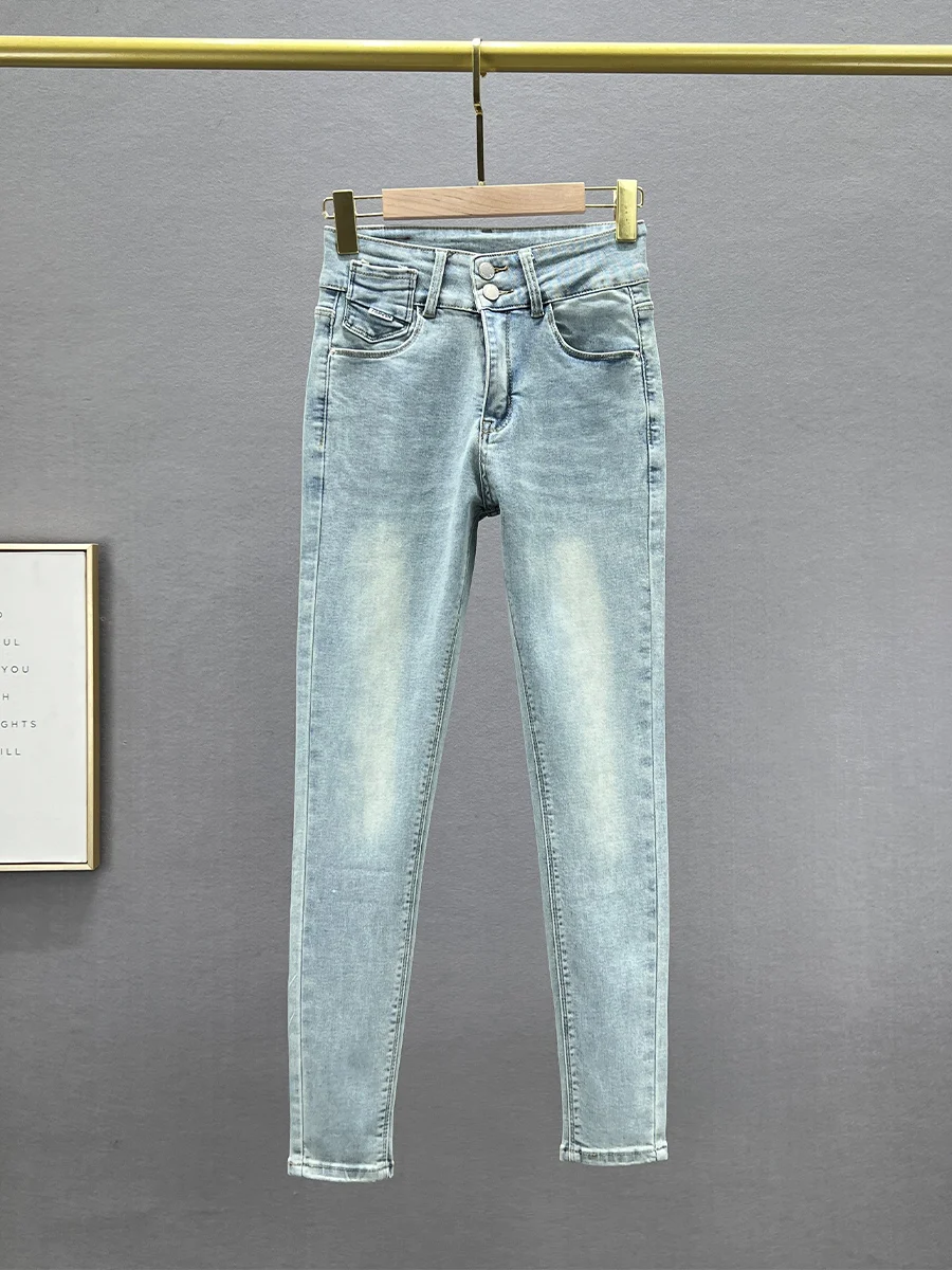 

Женские джинсы-карандаш с высокой талией, эластичные, утягивающие, длиной 7/8, модные, весна-лето 2024, универсальные, из хлопкового эластичного денима