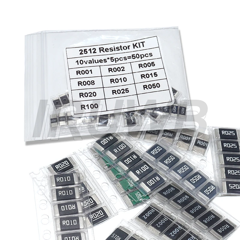 50 قطعة 2512 SMD المقاوم عينات عدة R001 R002 R005 R008 R010 R015 R020 R025 R050 R100 سبيكة المقاومة 10 أنواع X5 قطعة = 50 قطعة #1