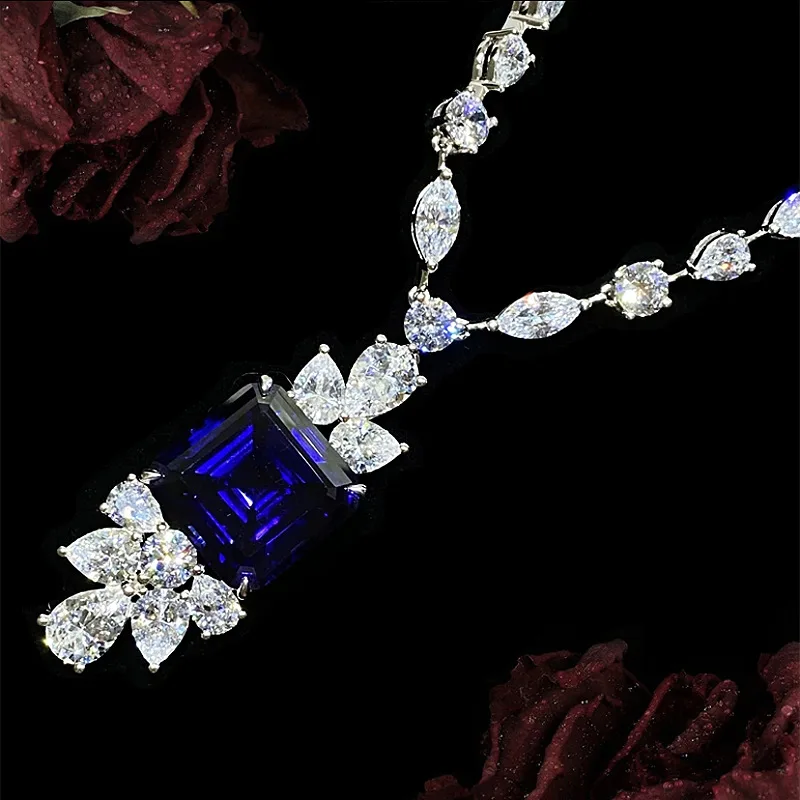 S925 Silver Necklace Square 15 * 15 Royal Blue Time Merchant Versatile Necklace Jewelry