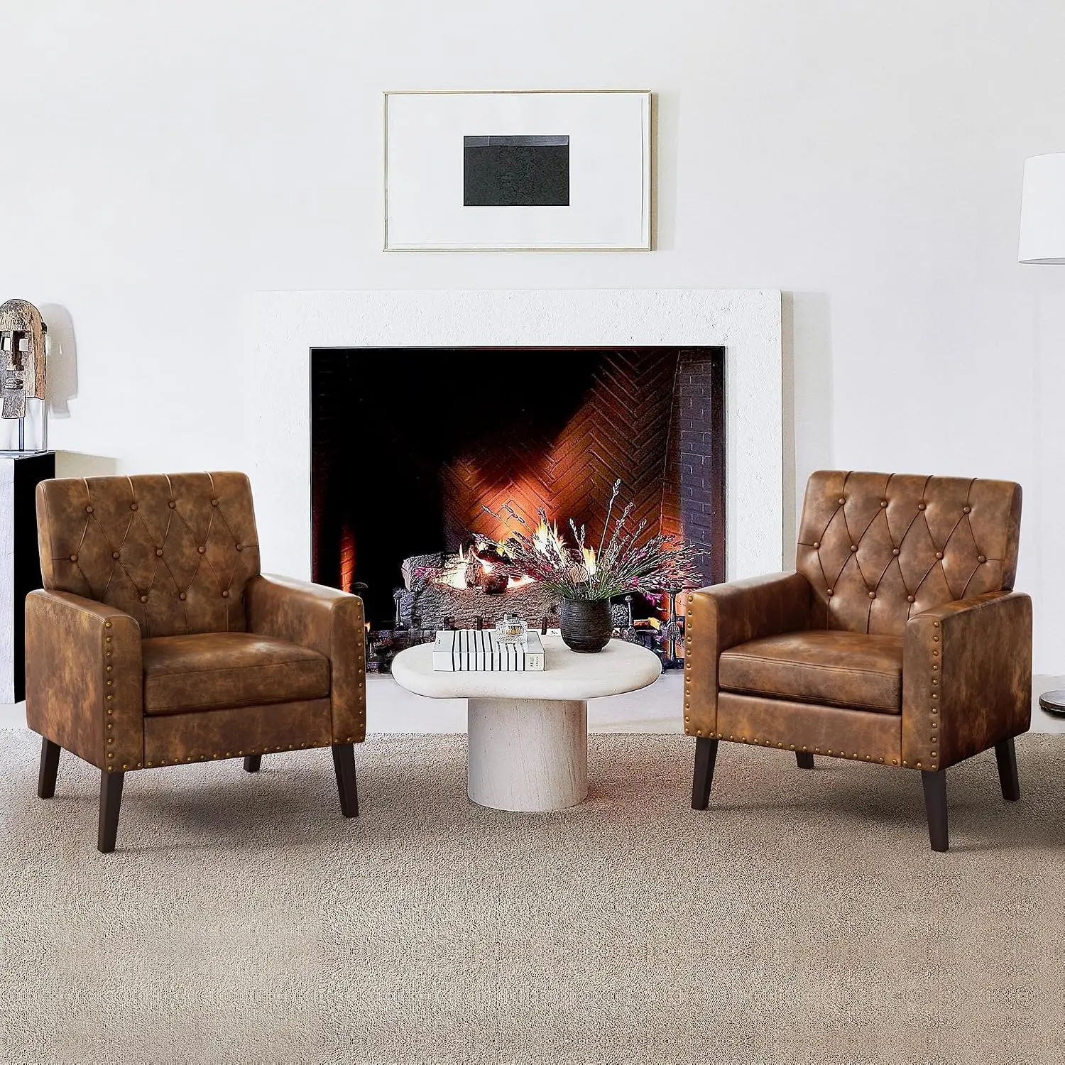 Yellowish Brown Faux Leather Accent Chair Set of 2, Button Tufted Armchair with Arms for Living Room & Bedroom, 18.5