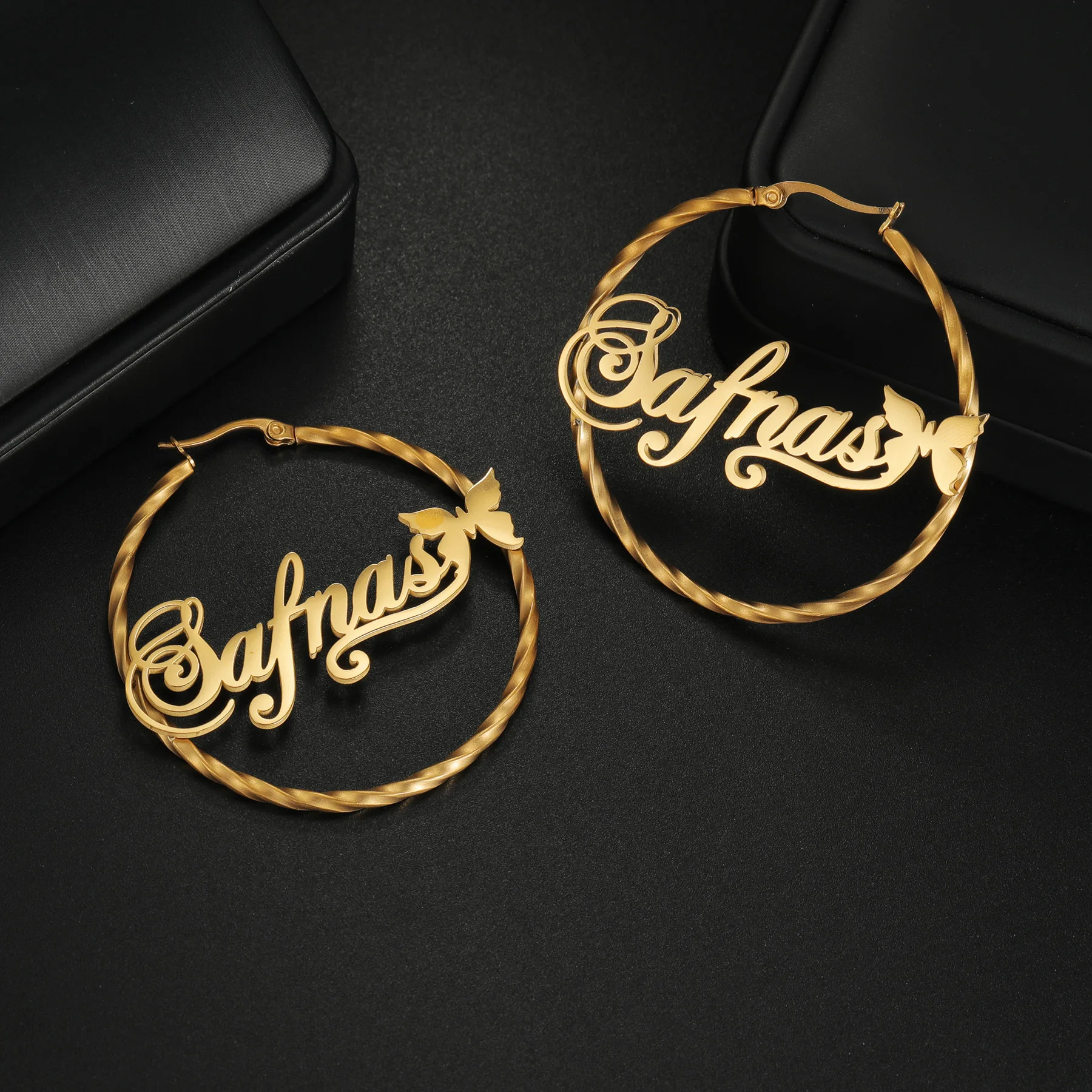 Goxijite اسم مخصص فراشة قلادة طقم مجوهرات للنساء الفتيات الفولاذ المقاوم للصدأ أسماء شخصية هوب أقراط هدية #5