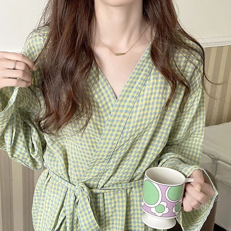 2024 New Pajama Robes Spring Autumn Winter Sleepwear Korean Version Sweet Bathrobe Long V-neck Belted Homewear Loose Loungewear