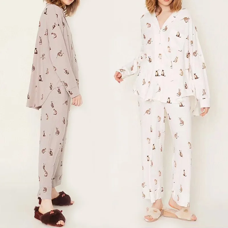 Japanese Model Cotton Cute Cat Print Pajamas Set Turn-down Button-up Long Sleeve&trousers Home Suit Soft Comfort Sleep Wear