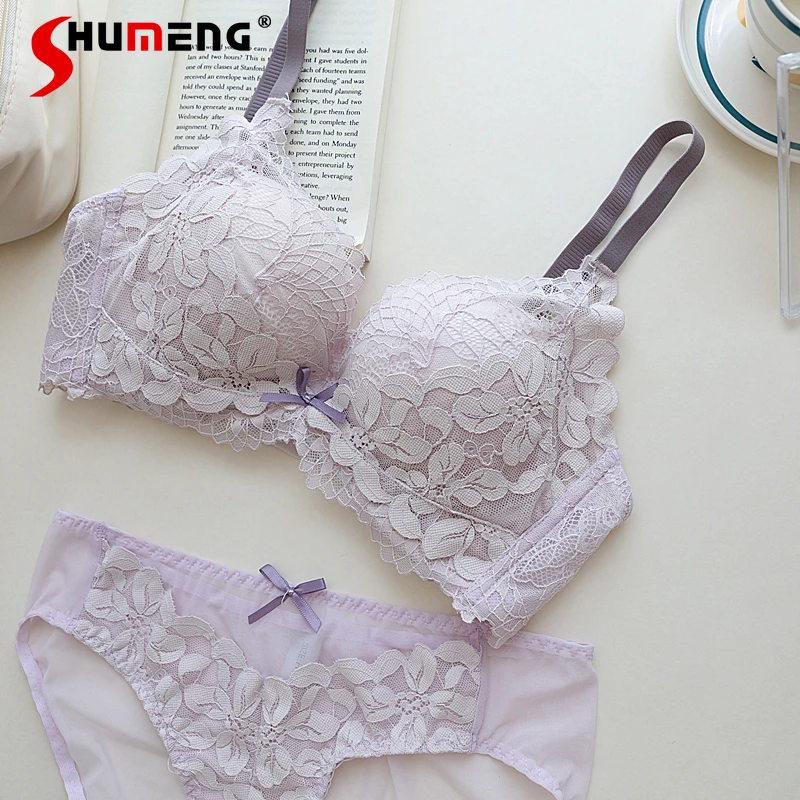

Female Cotton Bra Small Chest Bra Set Push Up Side Breast Adjustment Sexy Petal Lace Brief Suits Women's Solid Underwear