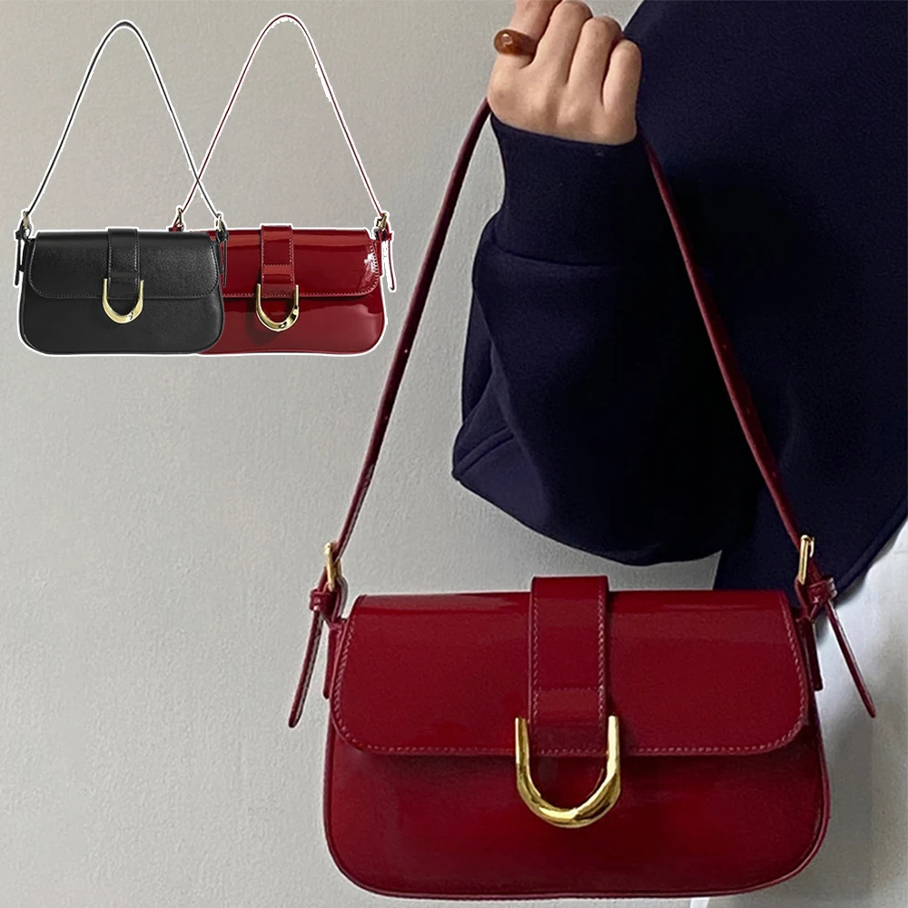 Retro Patent Leather Shoulder Bag For Women Luxury Flap Crossbody Bag Solid Color Underarm Bag Red Crossbody Bag Lady Handbag