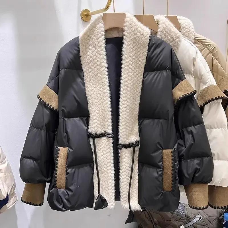 Luxury Fur Patchwork แจ็คเก็ตฤดูหนาวเสื้อผ้าผู้หญิง Parkas Warm หนาออกแบบ Vintage Harajuku เสื้อ Windproof Puffer Jacket