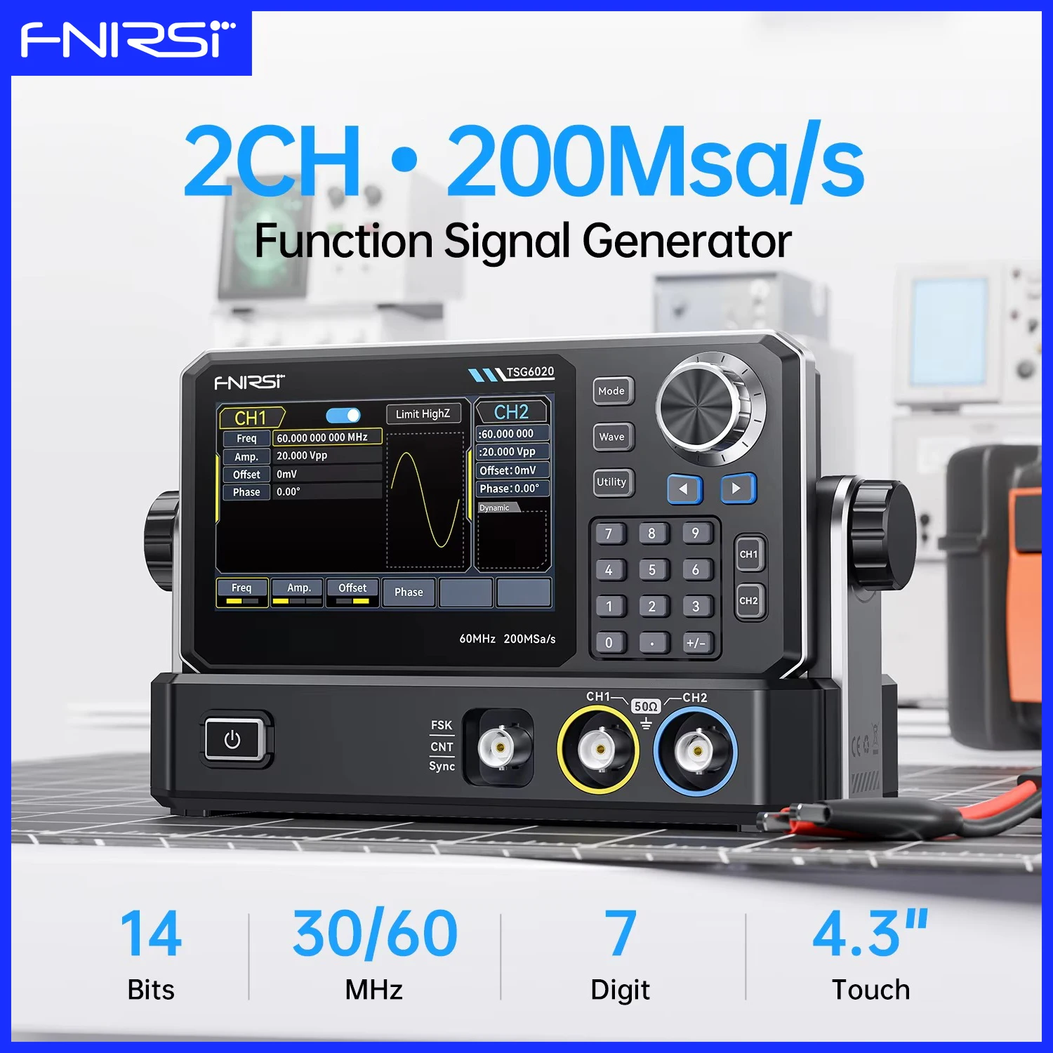 FNIRSI TSG6020 Function Signal Generator Dual-Channel 60MHz 200MSa/s 4.3″ Touchscreen TSG3020 30MHz for Electronic Testing Tools