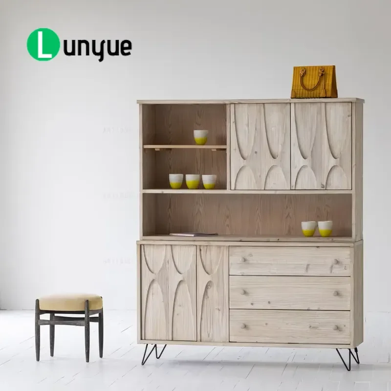 French Style Recycled Pine Wine Cabinet Farmhouse Storage Cabinet with Drawers Sculptural Design Furniture for Living Room
