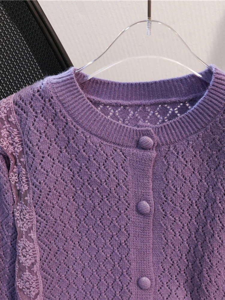 autumn Hollow Out Knitwear Female Cardigans Lace Splices Woman Sweater Jacket y2k Tops