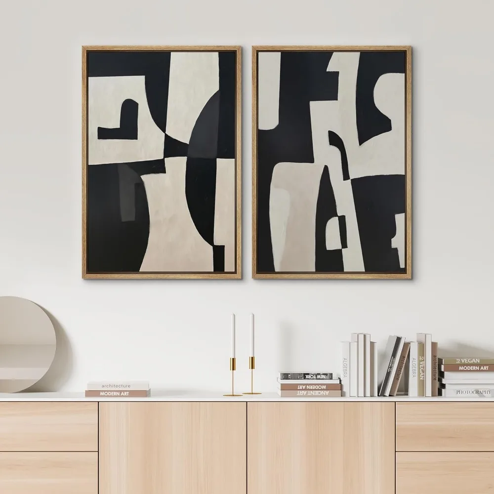 مجموعة فنية جدارية مطبوعة على القماش مؤطرة باللونين الأسود والبيج، رسوم توضيحية هندسية حديثة وجريئة وبسيطة، حد أدنى للديكور زن #3