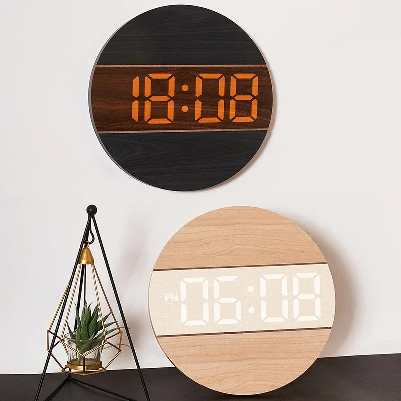 Round Wooden Led Digital Wall Clock Automatic Photosensitive Hanging Mute Electronic Clock for Bedroom Living Room Decor