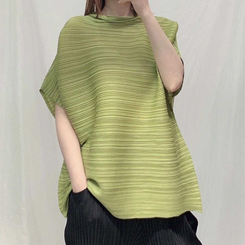 

T-shirt Small Standing Neck Women's Pleated 2023 Spring New Loose and Slim Fashion Short Sleeve Top