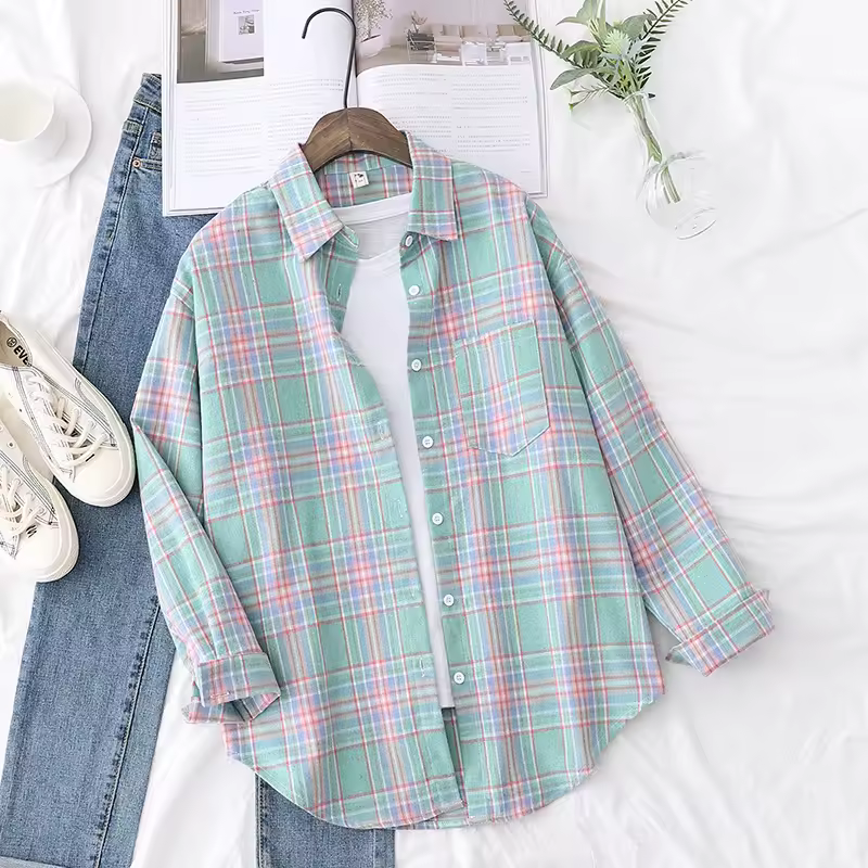 חולצת פלאיד לנשים בסגנון קז'ואל לאביב ולסתיו 2025, חולצה מרווחת ומחמיאה לנשים עם שרוולים ארוכים, בגדים מודפסים טריים