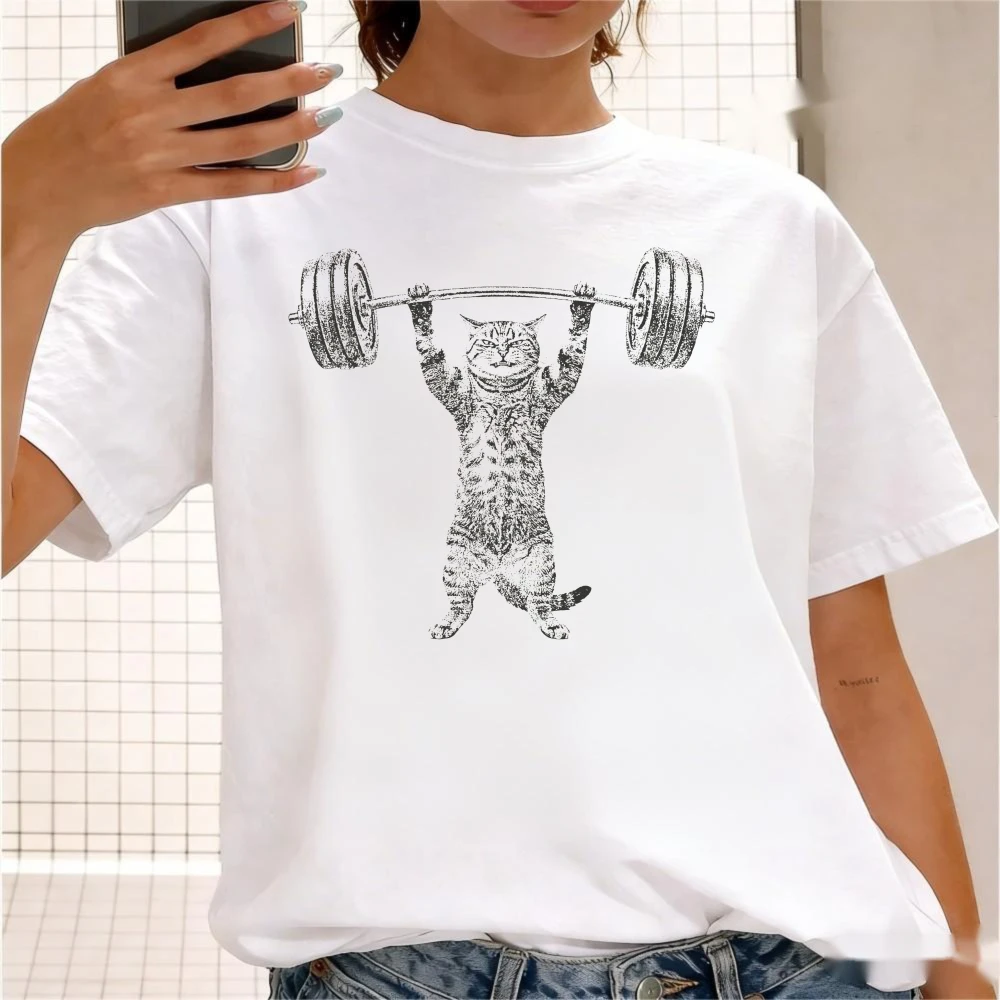 Weightlifting Cat Gym Graphic T Shirt Women Cotton Vintage Funny Cat Lover Workout Short Sleeve Fitness Meme Casual Daily Outfit