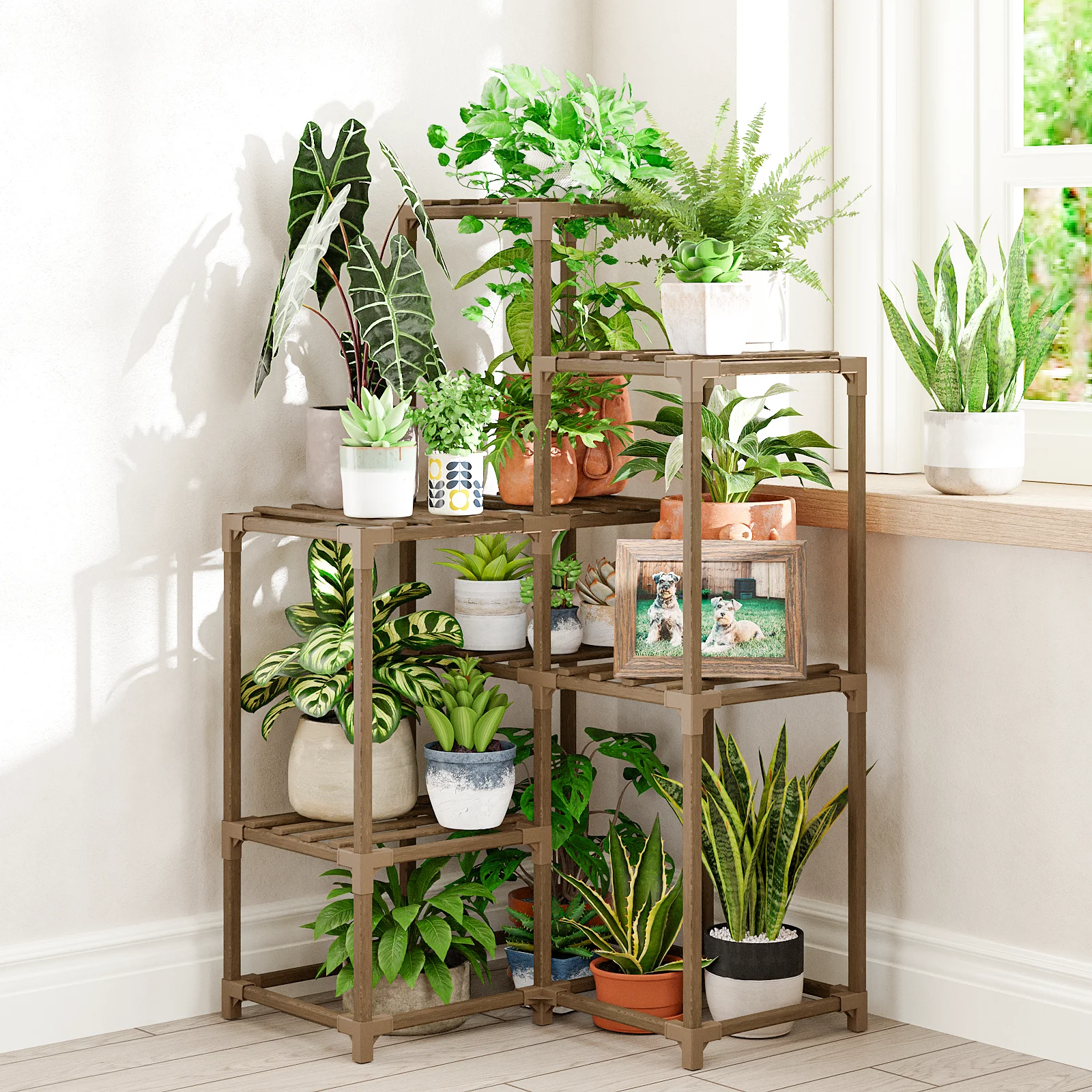 Bamworld Plant Stand Indoor Shelf Outdoor Corner Table 7 Pots Holder for Living Room Multiple Plants Patio Balcony Garden Decor
