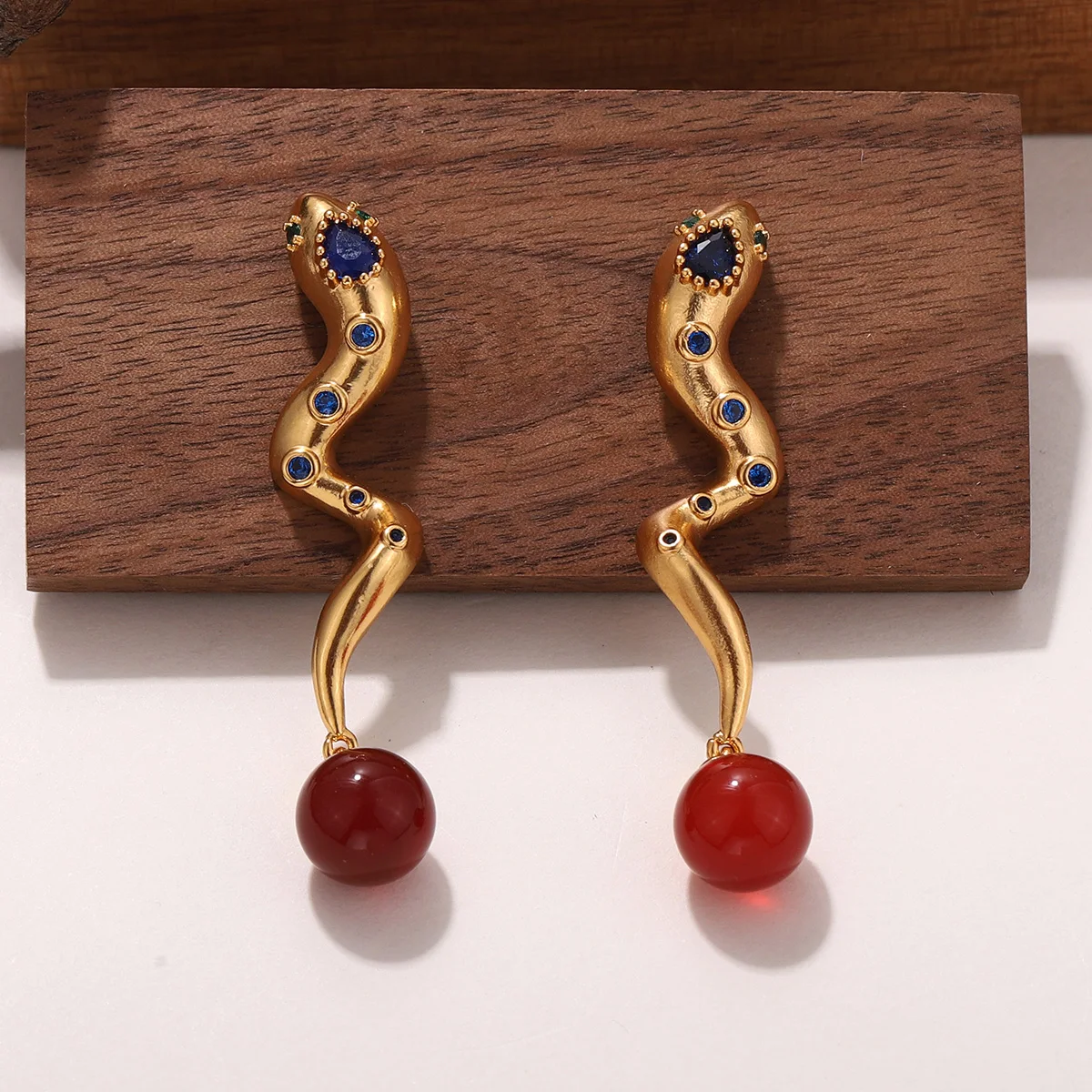 Creative Gold Color Snake Earrings with Embedded Blue Stones & Red Stone Dangles - Women's Fashion Jewelry Unique Ear Wear