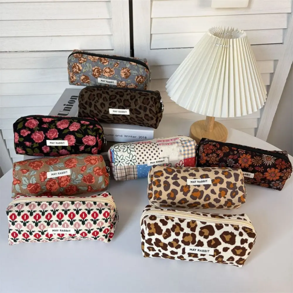 Portable Floral Print Pen Bag Large Capacity Multifunctional Pencil Case Corduroy Cosmetics Storage Bags School Office Supplies