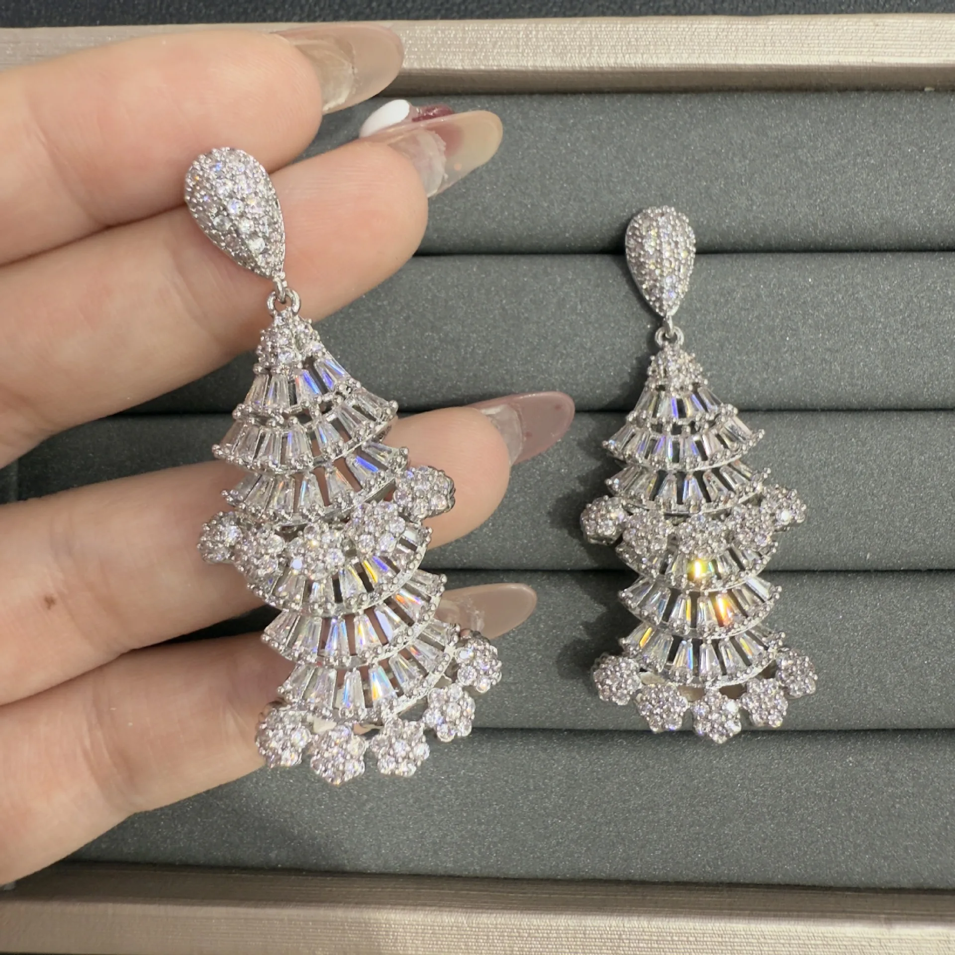 unique earrings for women luxury jewelry silver gold color white orange zirconia fan shaped dangling earrings party gift female