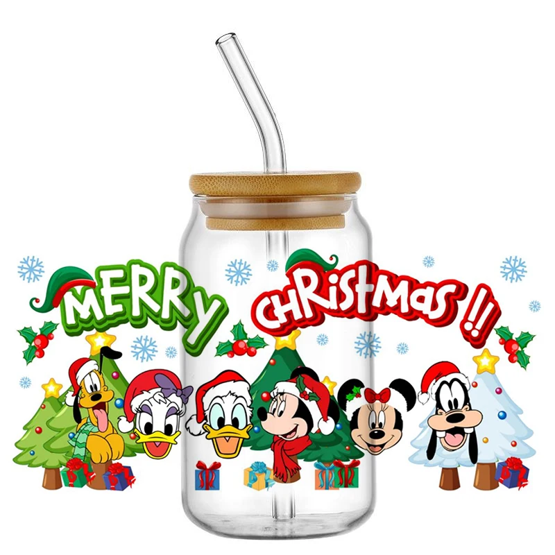 Miniso Christmas Mikey Decal UV DTF Transfer Glass Sticker Waterproof Merry Xmas Cartoon Design for 16oz Glass Cup Wrap Sticker