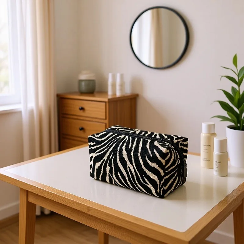 Toast Shaped Cosmetic Bag Zebra Pattern Chenille Large Capacity Travel Portable Storage Pouch High Aesthetic Makeup Bag