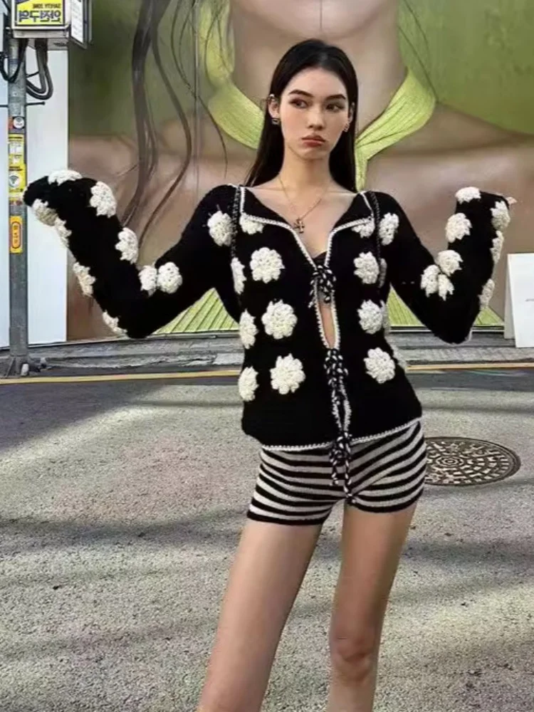 women knitting cardigan 2026 Spring 3D Crochet Cardigan Women's Hollow Knit Unique Autumn Cropped Short Knit Jacket