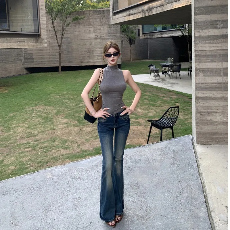 Slim Fit Sleeveless Vest Low Waist Bell Bottom Jeans Retro High Waist Denim Low Neck Top plus Size Women's Fashion Spring Autumn